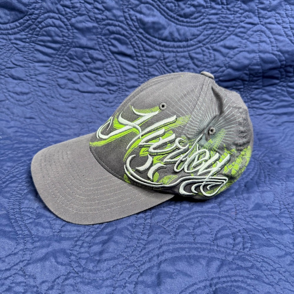 Hurley Flexfit Hat Mens S/M Gray Lime Green Embroidered Baseball Cap Surf Style